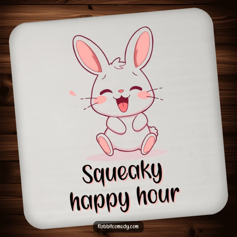Funny rabbit character stumbling slightly then squeaking with delight upon recovery, featured on a humorous drink coaster.