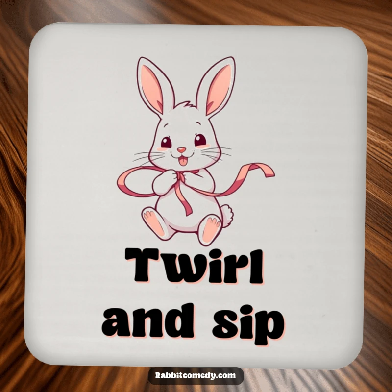 Funny rabbit character twirling a colorful ribbon with its paws on a drink coaster, adding playful humor