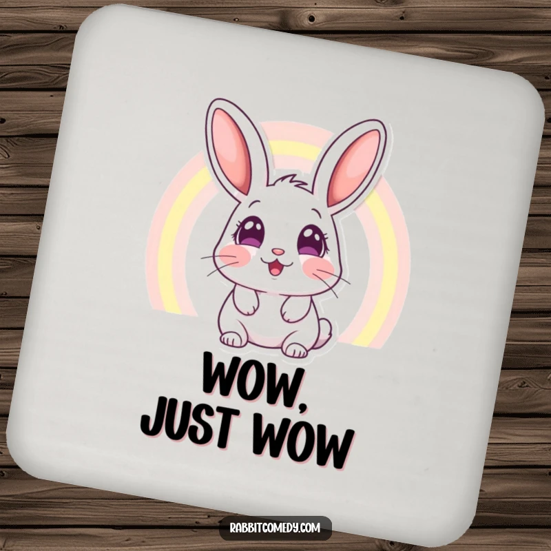 Funny drink coaster featuring a rabbit with wide, amazed eyes looking at a vibrant rainbow, protecting furniture with whimsical art.