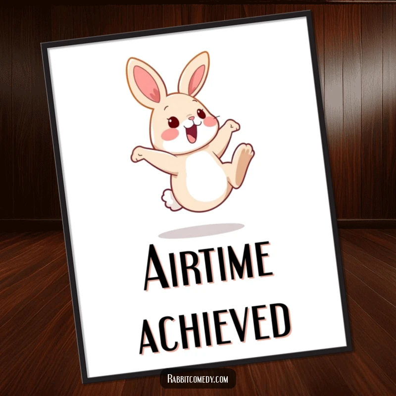 Funny rabbit poster capturing a bunny mid-kick, hind legs high in the air, radiating pure playful energy and joyful silliness.