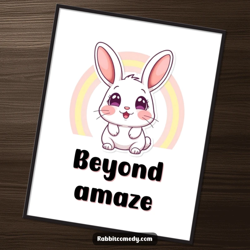 Funny poster print of a rabbit with wide, amazed eyes looking up at a vibrant rainbow, symbolizing dreams and delightful surprises.