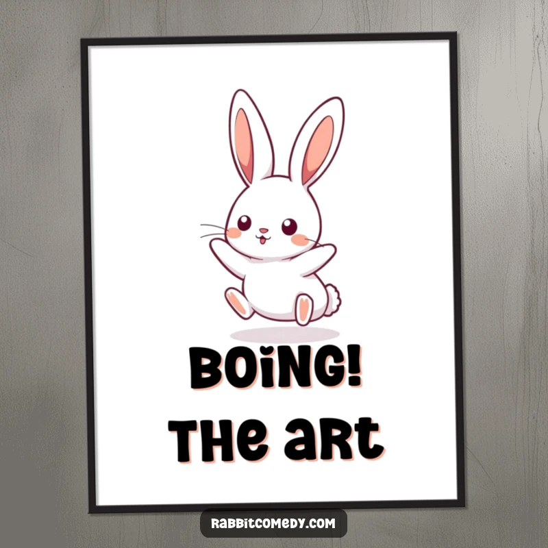 Funny kawaii rabbit poster, showing a cute bunny playfully boinging mid-air with long, perked ears. Whimsical and humorous wall art.