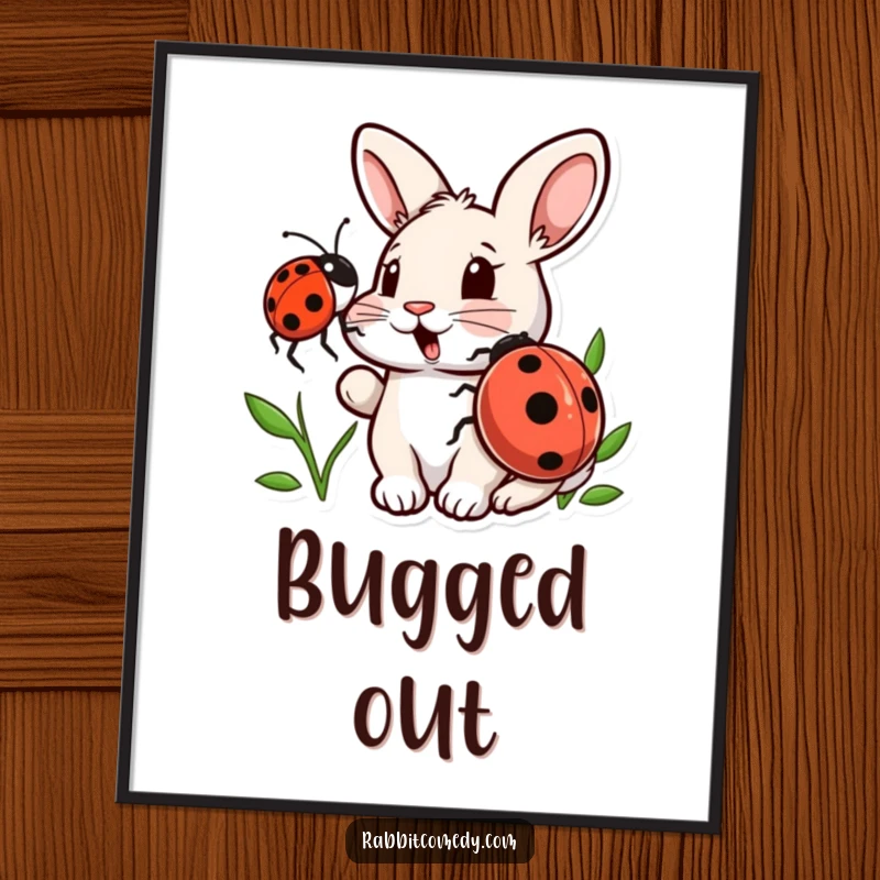 Funny poster showcasing a wide-eyed rabbit surprised by a small ladybug nudging its nose, creating an endearing and humorous wall art.