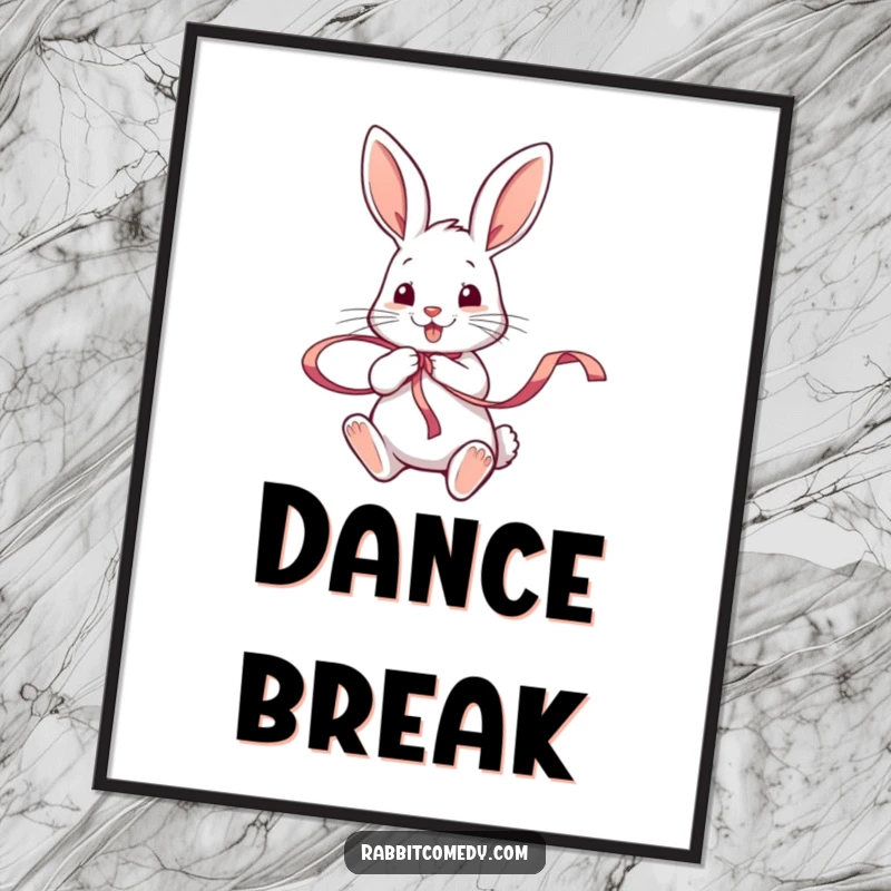 Funny rabbit character joyfully twirling a colorful ribbon with its paws, presented as vibrant and humorous wall art