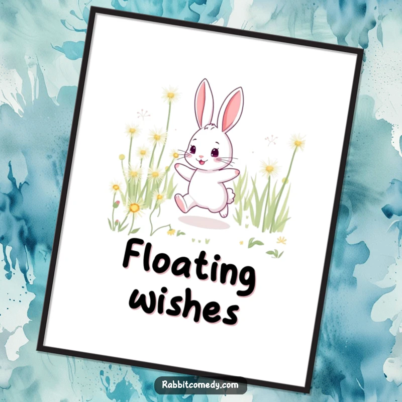 Funny rabbit poster, playfully hopping through a field of huge, sparkling dandelions, creating a whimsical scene.