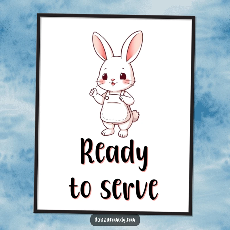 Funny poster depicting a charming rabbit in a tiny apron, striking a ready-to-help pose with a friendly demeanor.
