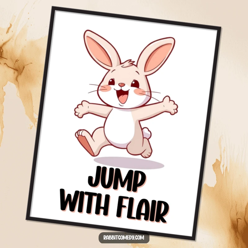 Funny rabbit poster, capturing an excited character in mid-air with huge, exaggerated hops, conveying sheer delight and movement.