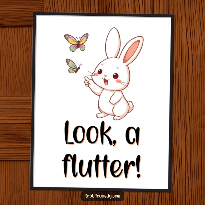 Funny Rabbit Butterfly Poster: Whimsical art featuring a rabbit excitedly pointing at a colorful butterfly.