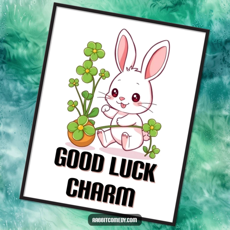 Funny rabbit character joyfully chasing a rolling clover, expressing pure excitement, perfect for a wall poster.