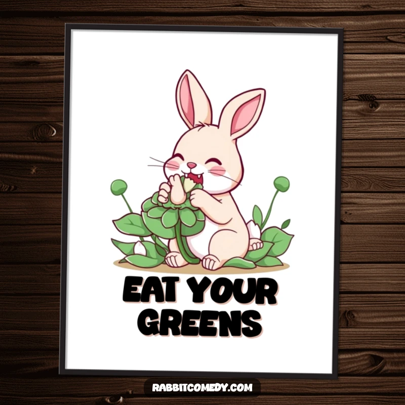 Funny Rabbit Clover Poster: An art print captures a rabbit with great enthusiasm, nibbling on a comically large clover, symbolizing luck.