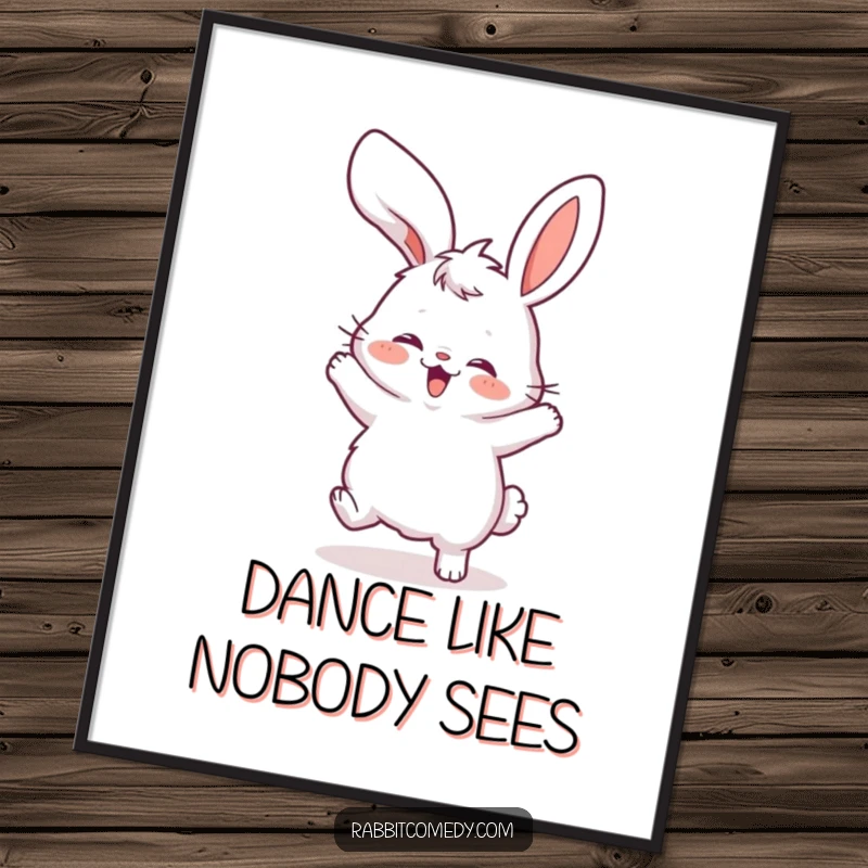 Funny poster art of a fluffy rabbit performing a highly energetic and silly dance, its ears flopping wildly in a humorous display.