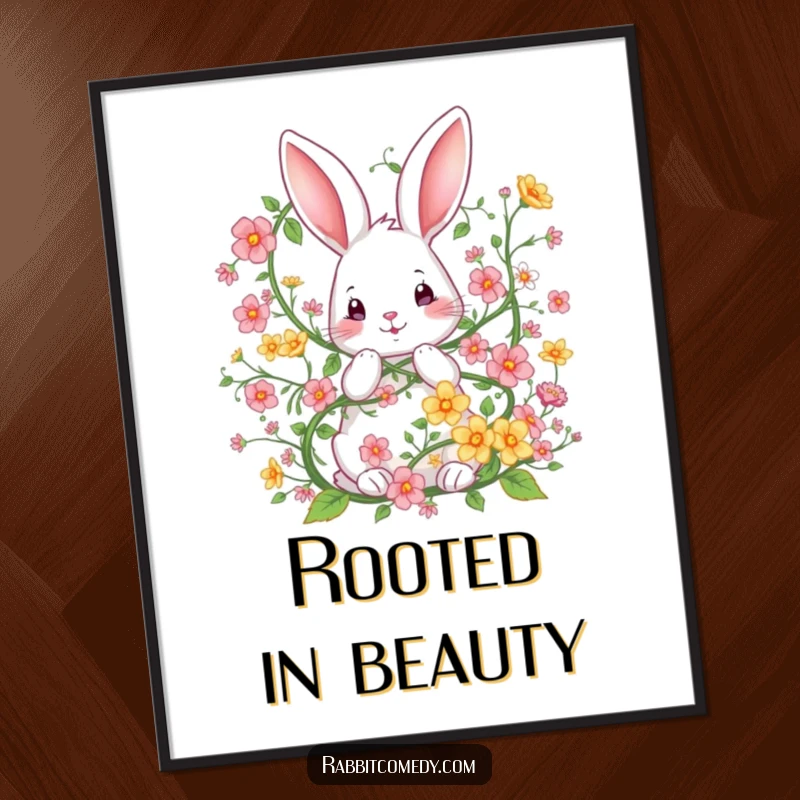 Funny poster art of a rabbit playfully caught in a whimsical, blooming flower vine, creating a charming and humorous visual piece.