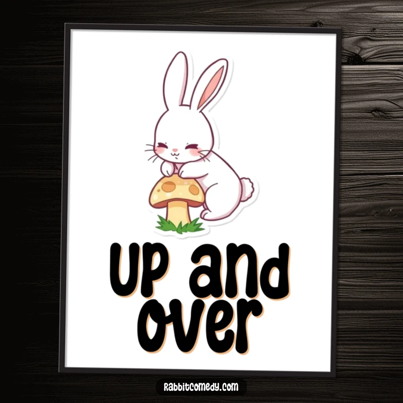 Funny poster featuring a delightful long-eared rabbit caught mid-boing above a whimsical mushroom, full of energy.