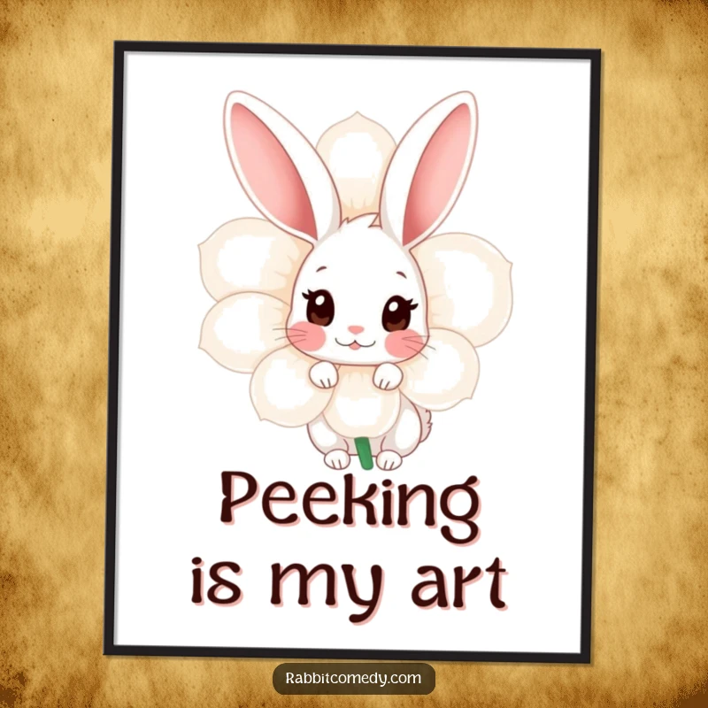 Funny Shy Rabbit Poster: An art print captures a shy rabbit cautiously peeking from behind a large, colorful flower, evoking tenderness.