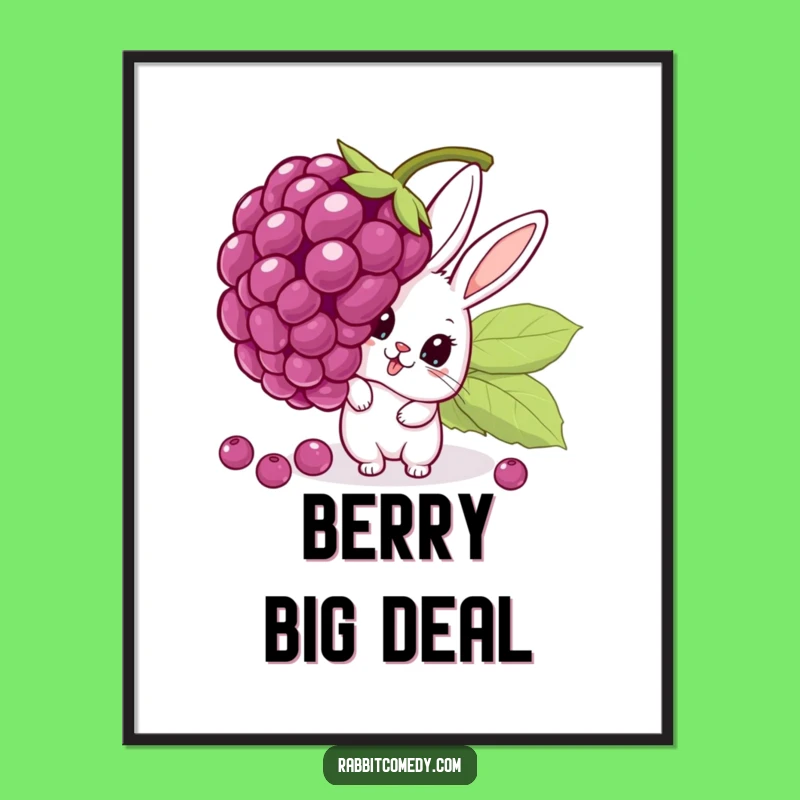 Funny Surprise Rabbit Poster: Adorable Cartoon Peeking Behind Giant Wobbling Berry Wall Art Gift