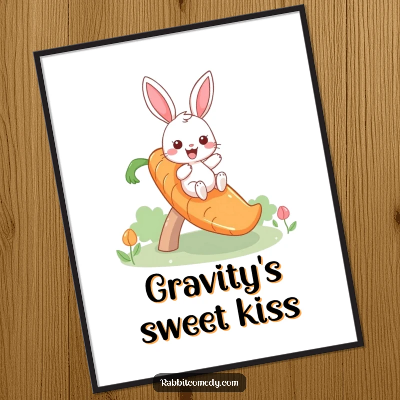 Funny poster art of a giddy rabbit joyfully sliding down a large, vibrant carrot slide, bringing whimsical energy to any room.