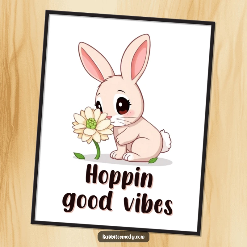 Funny Rabbit Poster: A wide-eyed rabbit character sniffing a giant dew-kissed clover, a heartwarming and humorous piece of wall art.