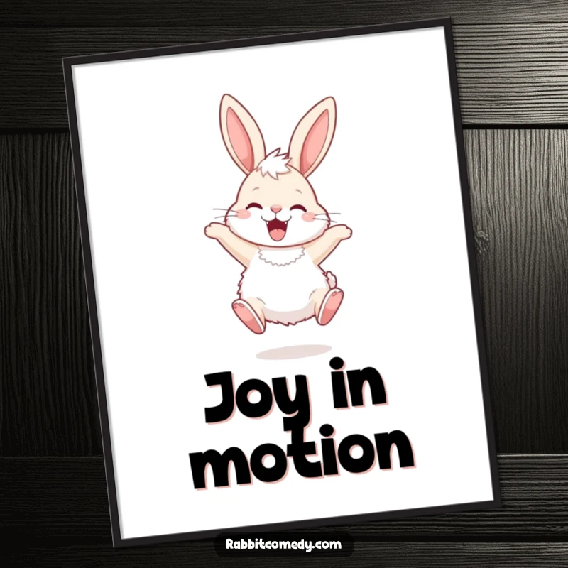 Funny Poster showcasing a fluffy rabbit with long ears hopping with ecstatic joy, capturing a moment of pure, unbridled happiness.