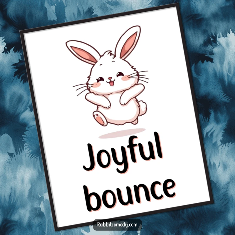 Funny rabbit poster featuring a fluffy character mid-hop with a joyful bounce and long ears twitching, creating a lively scene.