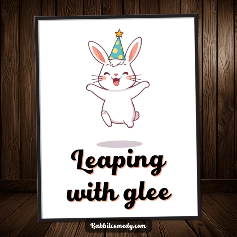 Funny rabbit wearing a party hat, caught in a hilarious, joyful jump, featured in this vibrant wall art poster.