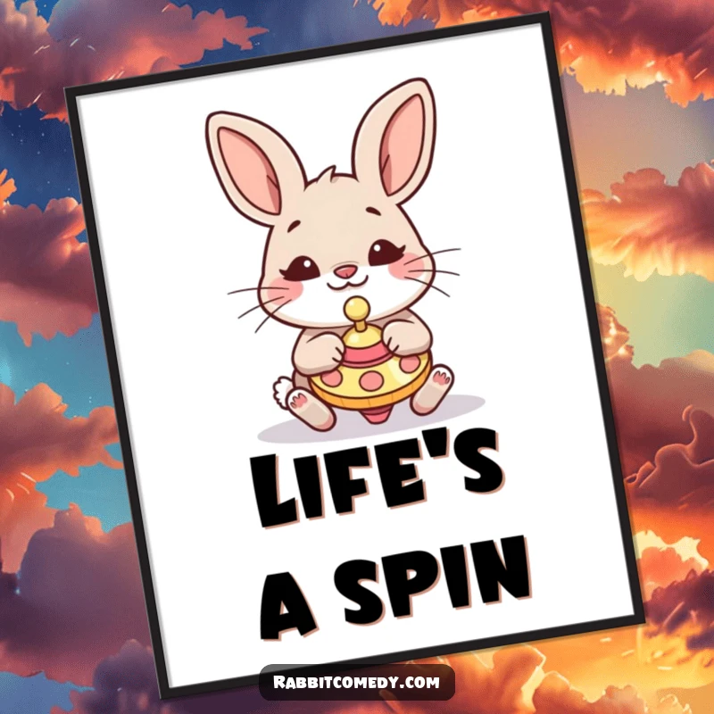Funny Rabbit Poster: A whimsical rabbit with a focused yet silly look intensely plays with a spinning top, full of motion.