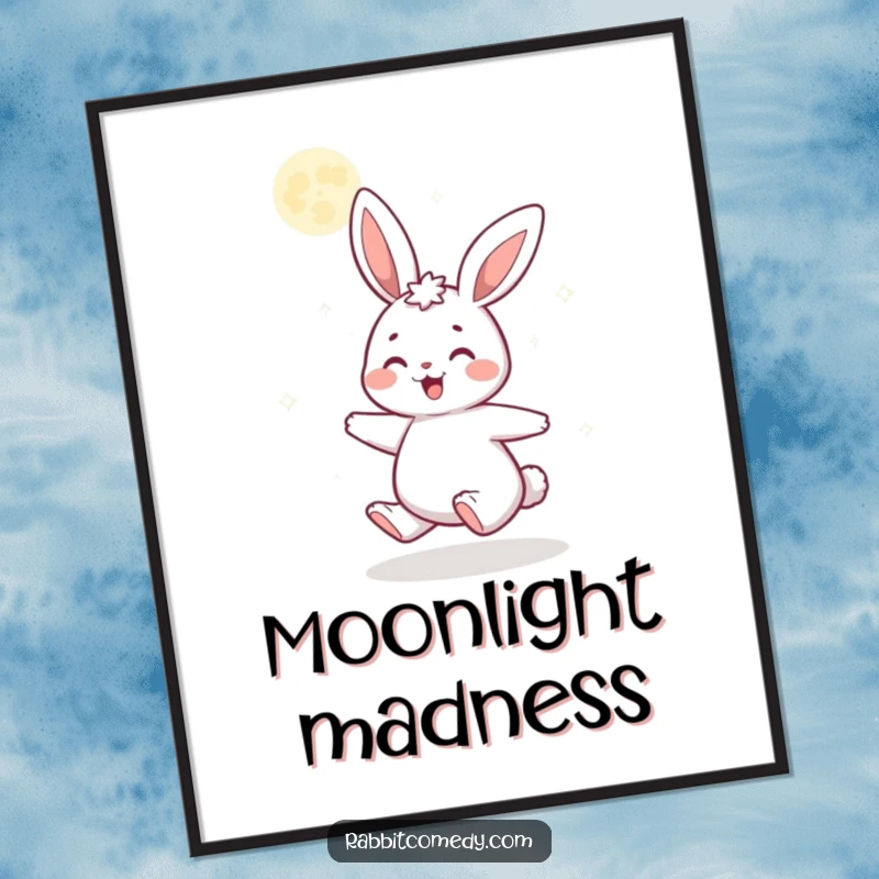 Funny poster featuring a gleeful cartoon rabbit spinning with delight beneath a radiant, glittering moon, creating a magical and joyful wall decoration.