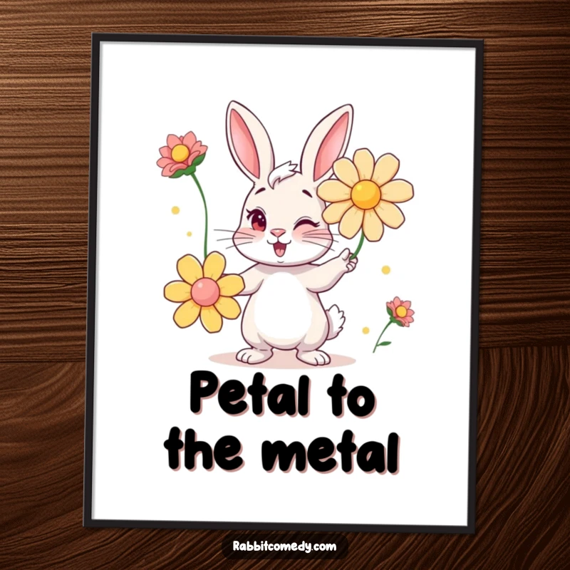 Funny poster art of a mischievous rabbit winking as it juggles oversized, vivid flowers, radiating charm and playfulness.