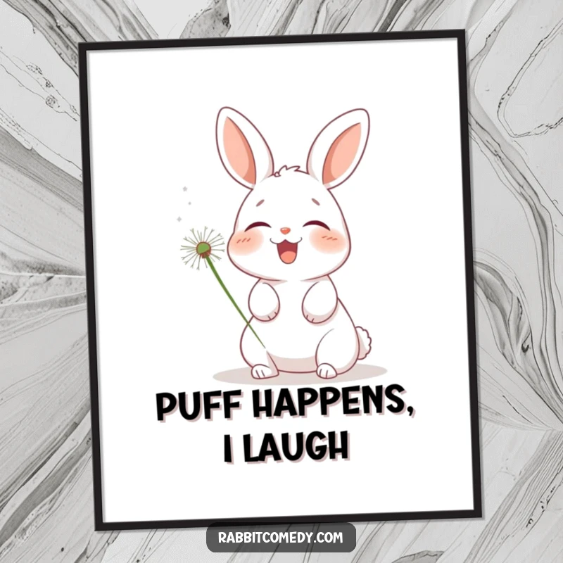 Funny rabbit poster, a charming illustration of a bunny being tickled by a dandelion, conveying pure, unadulterated mirth.