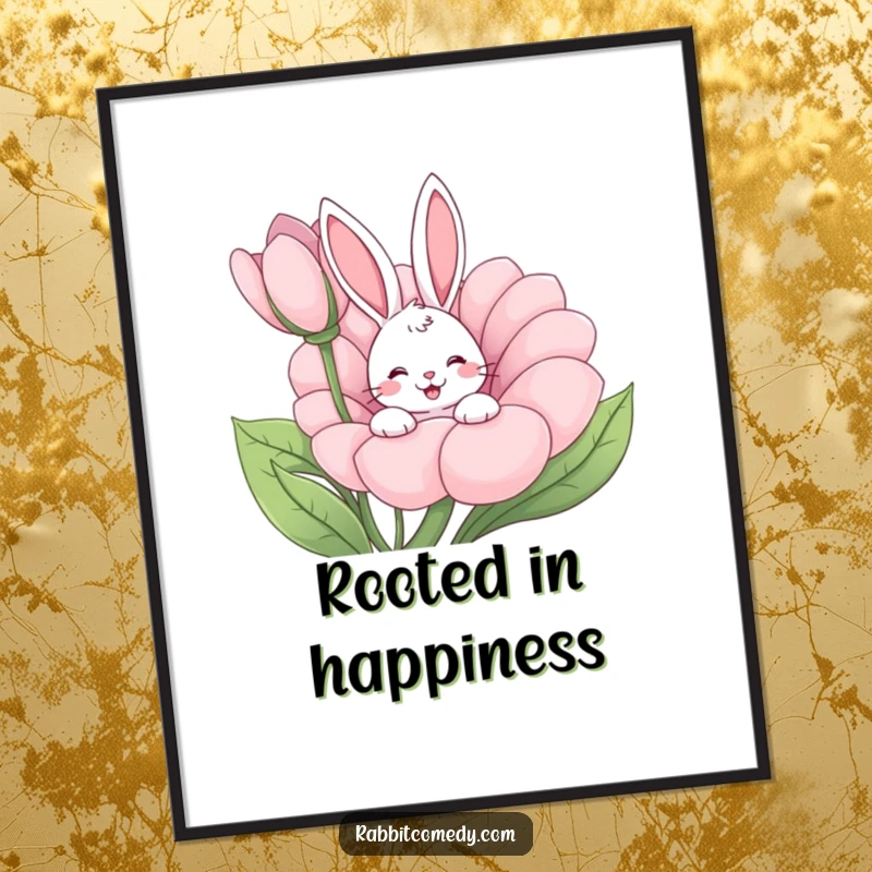 Funny rabbit peeking from a giant flower, happy wiggle, cute cartoon wall art, perfect humorous gift for home decor.