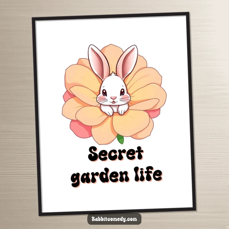 Funny rabbit peeking with curiosity from a giant, vibrant flower, creating a delightful and humorous scene in this wall art poster.