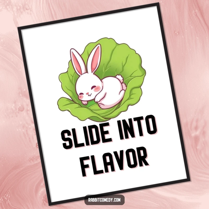 Funny Rabbit Poster: A rabbit comically sliding on a fresh lettuce leaf, a heartwarming and humorous piece of wall art.