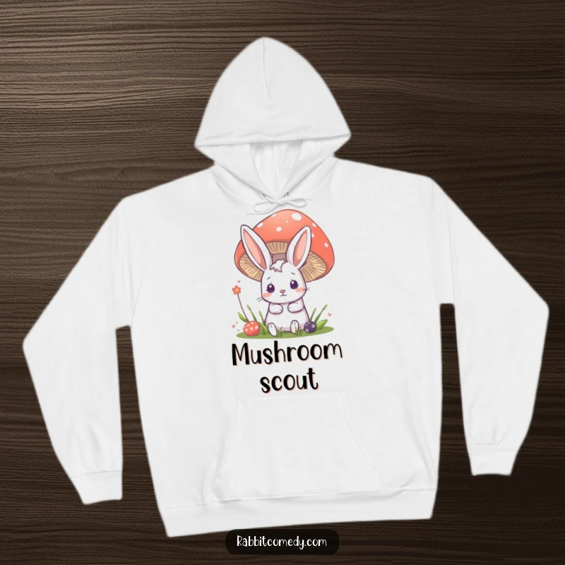 Funny rabbit hoodie depicting a cute bunny peeking from behind a large mushroom, radiating curiosity and woodland charm.