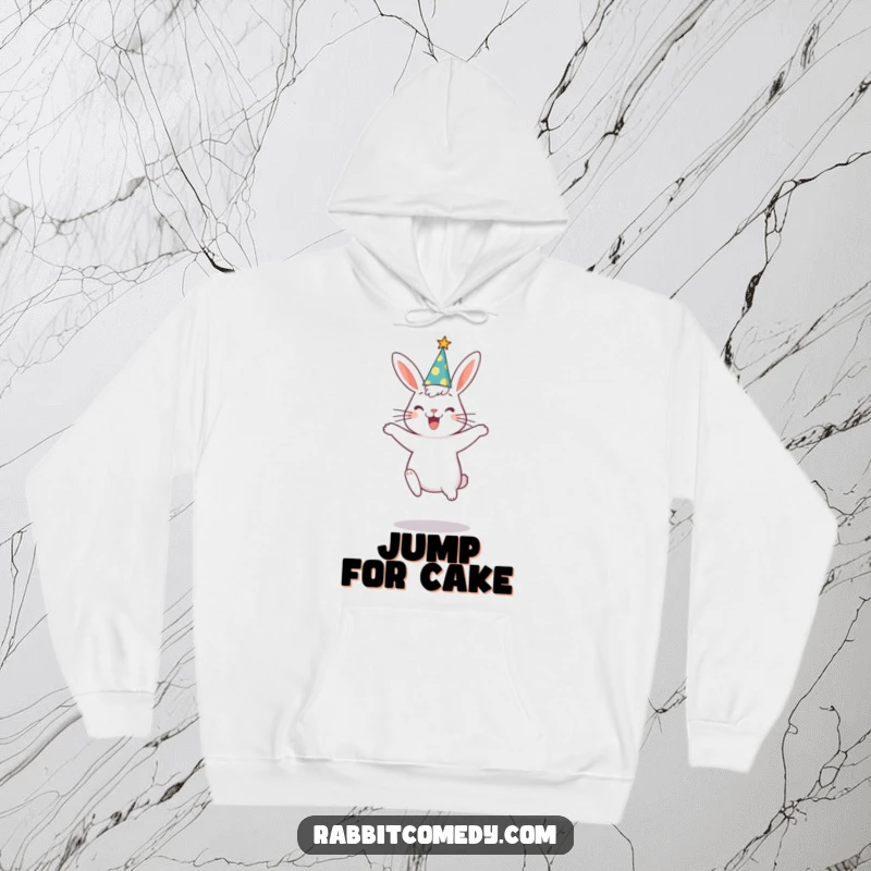 Funny rabbit wearing a party hat, captured mid-jump with a silly grin, on a warm and festive hoodie.