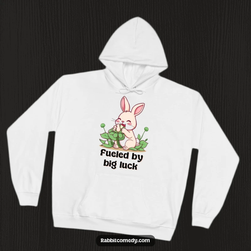 Funny Rabbit Clover Hoodie: A comfortable hoodie shows a rabbit enthusiastically eating a giant clover, radiating happiness and luck.