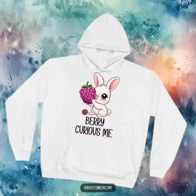 Funny Hoodie featuring a rabbit with oversized, curious eyes nibbling a giant berry, ideal for cozy, curious wear.