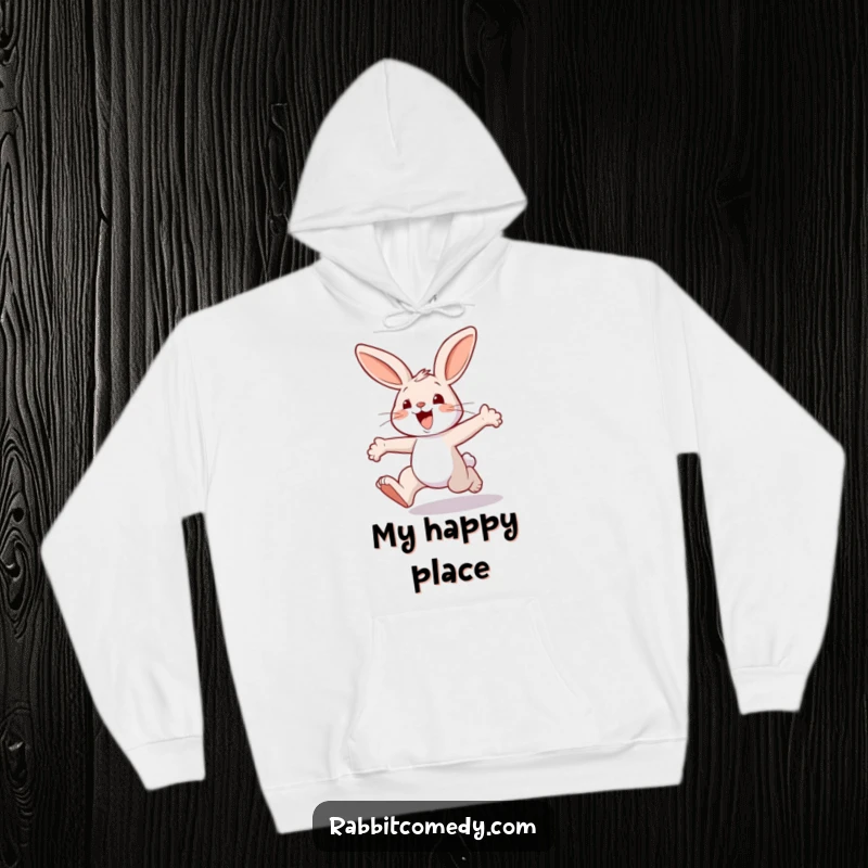 Funny rabbit hoodie, depicting a cheerful character joyfully hopping with enormous, exaggerated leaps, full of playful exuberance.