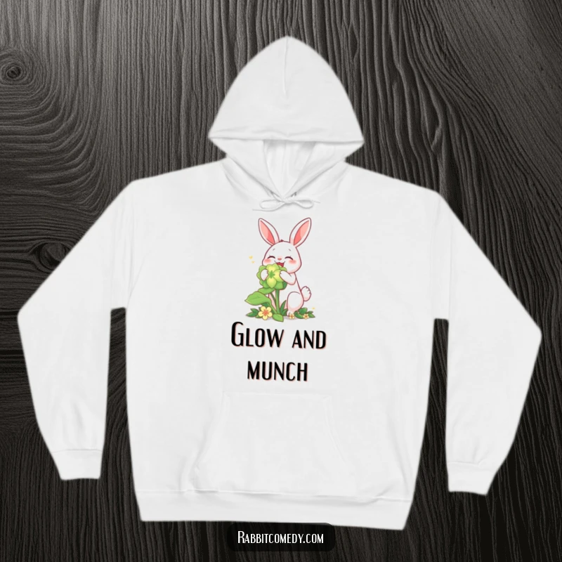 Funny rabbit hoodie, joyfully munching on a giant, glowing clover, radiating warmth and whimsy.