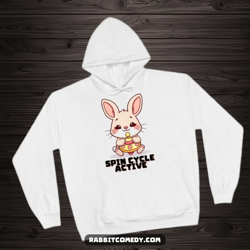 Funny Rabbit Hoodie: A humorous illustration of a rabbit gleefully engaged with a spinning top, displaying pure, silly concentration.