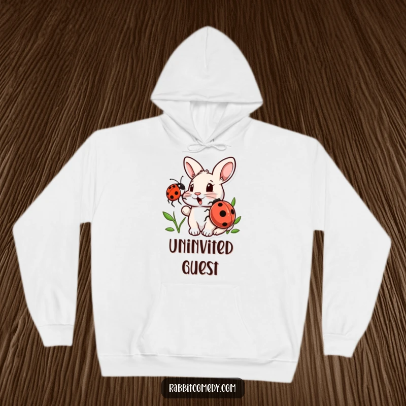 Funny hoodie depicting a startled rabbit receiving a gentle nudge from a friendly ladybug, capturing a moment of sweet, humorous interaction.