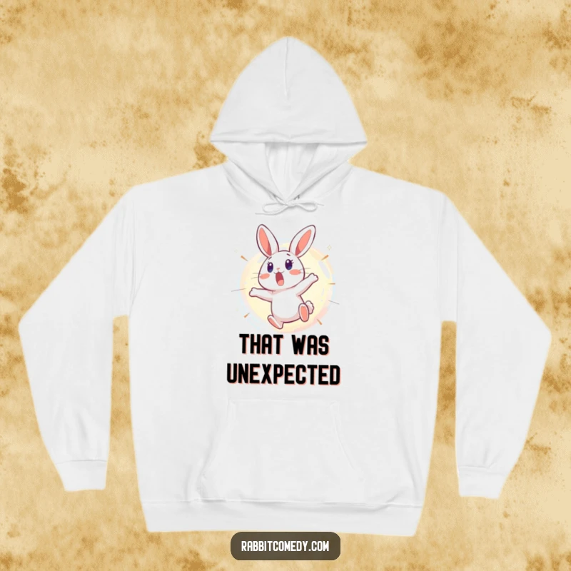 Funny Rabbit Hoodie: A surprised rabbit leaps backward from a shimmering, bursting bubble, radiating comical surprise and a desire for escape.