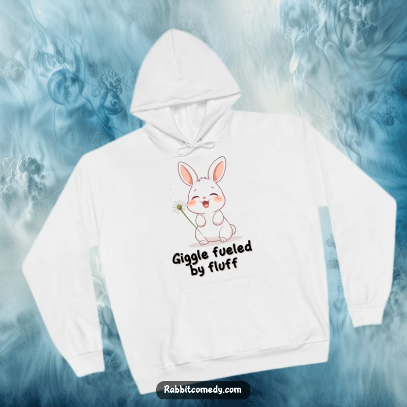 Funny rabbit hoodie, an adorable bunny being tickled by a dandelion puff, its face contorted in a happy, giggling expression.