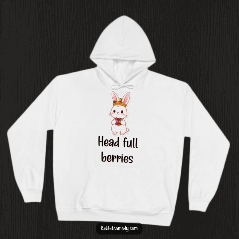 Funny rabbit character balancing a basket of colorful berries on its head, featured on a cozy hoodie for sweet comfort