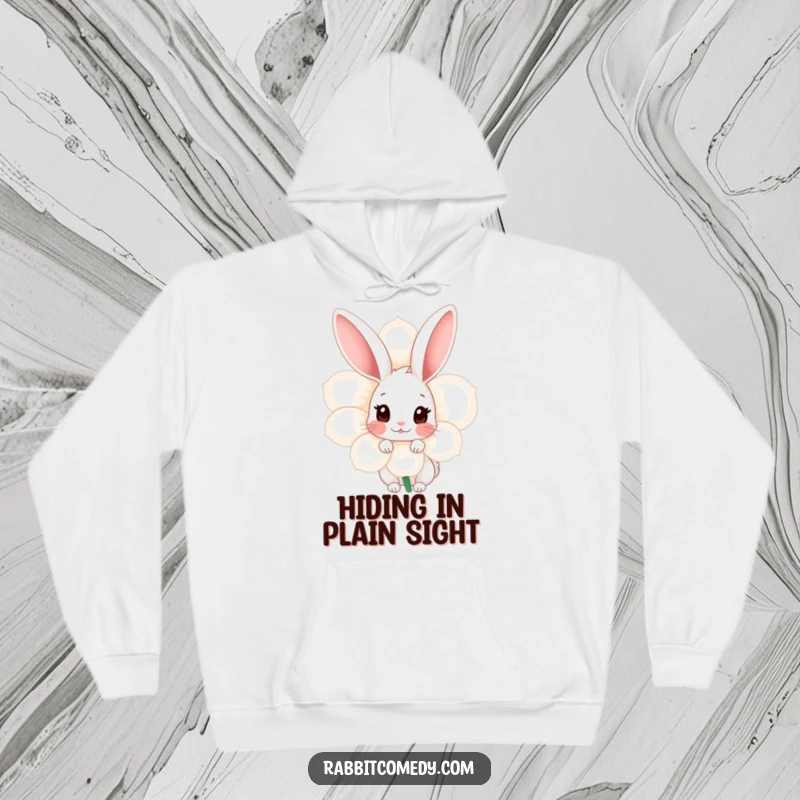 Funny Shy Rabbit Hoodie: A comfortable hoodie depicts a shy rabbit peeking from behind a large flower, offering a sense of gentle hiding.