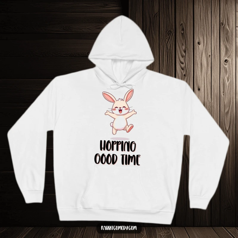 Funny rabbit hoodie showing a delighted rabbit character in mid-air, performing big, exaggerated, joyful leaps.