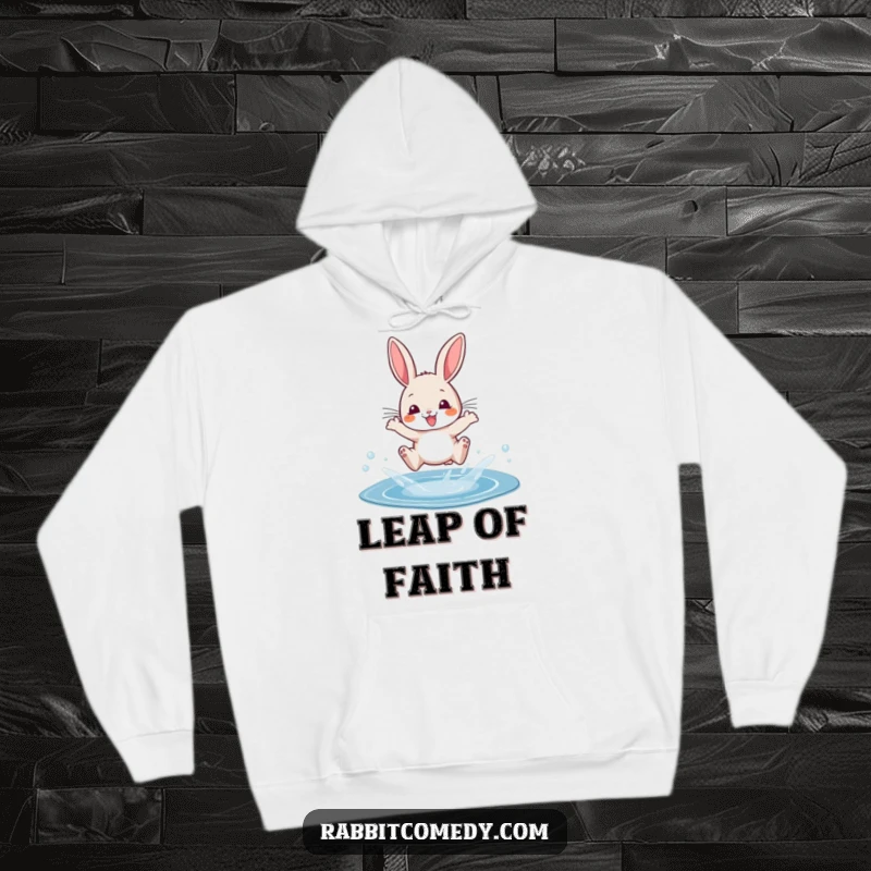 Funny hoodie showcasing a cartoon rabbit soaring over a sparkling puddle, mid-splash, with a happy expression.