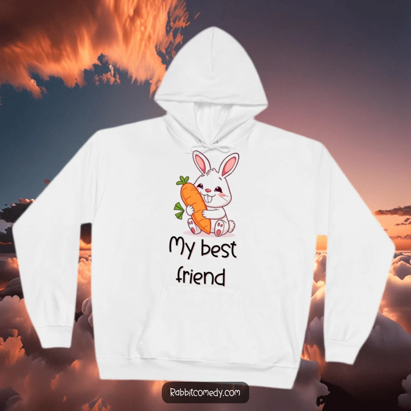 Funny rabbit hoodie with a grinning bunny hugging a giant, smiling carrot, designed for ultimate comfort and humorous veggie appreciation.