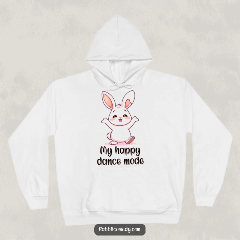 Funny Hoodie depicting a happy rabbit doing a comical wiggly ear dance, perfect for spreading warmth and laughter.