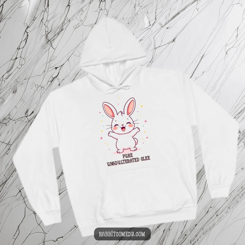 Funny Rabbit Hoodie: A happy rabbit performs an excited binky, creating a celebratory cloud of confetti, radiating pure, unadulterated happiness.