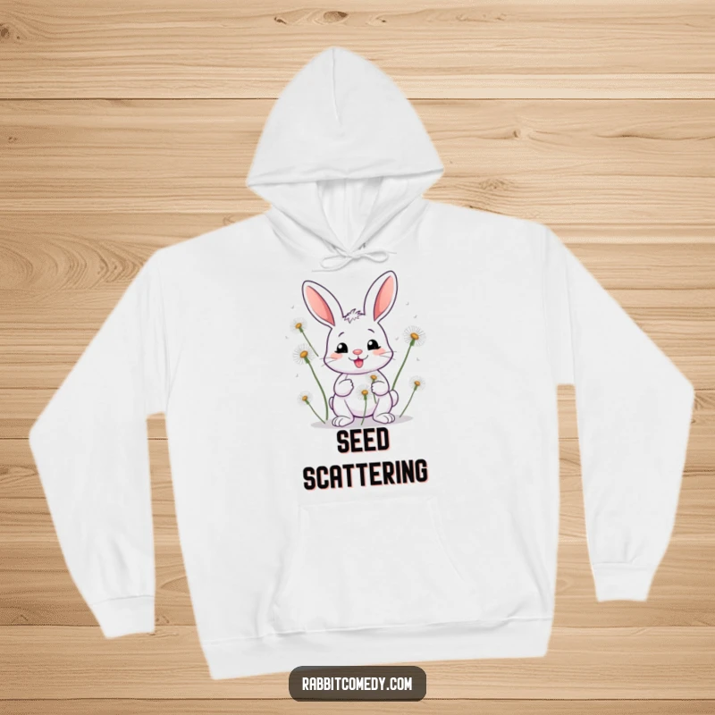 Funny Rabbit Dandelion Hoodie: A warm hoodie featuring a smiling rabbit juggling large dandelion seed heads.