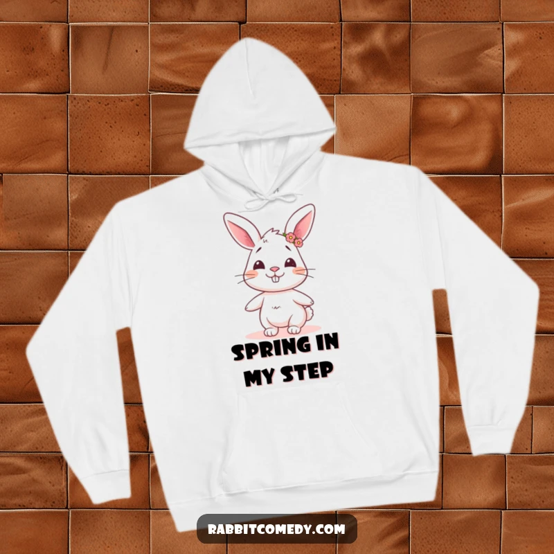 Funny rabbit hoodie showing a rabbit with a goofy grin and tiny flower crown, twirling with humorous, whimsical delight.